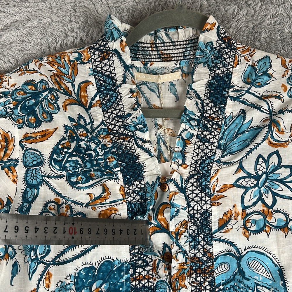 NWT LOLA AUSTRALIA Puff Short Sleeves Ocean Floral Top Women’s Size S - Picture 11 of 15